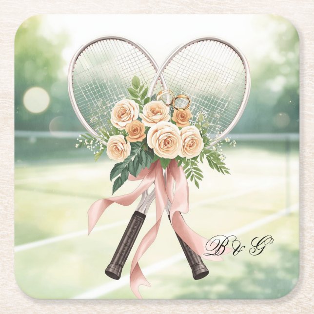 Tennis Wedding Racket with Flowers Bride & Groom  Underlägg Papper Kvadrat (Framsidan)