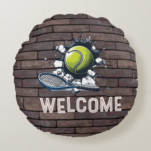Tennis Welcome tennis Player boll cracking wall Rund Kudde (Framsidan)