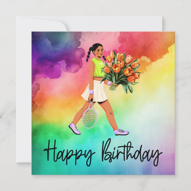 Tennis Woman Holds Bunch of Flowers Birthday Kort (Framsida)