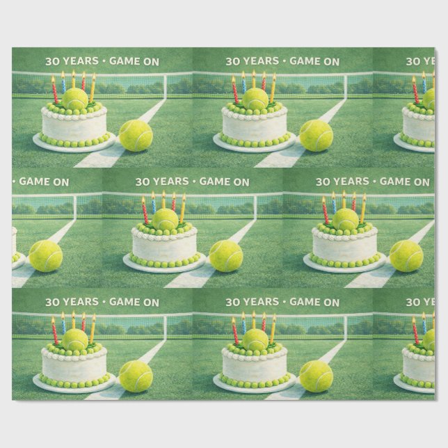 Tennisboll 30-årsdag och tårta på grönt presentpapper (Platt)