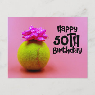 Tennisboll med 50-årsdag ord på rosa vykort
