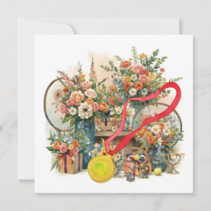 Tennisboll med blommor från tennisspelare tack kort
