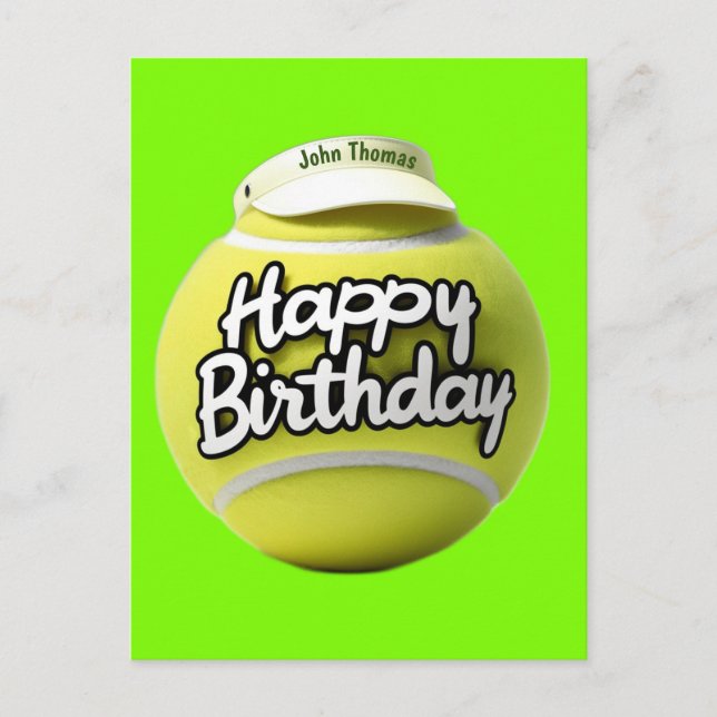 Tennisboll med glad födelsedag som bär visir vykort (Framsida)