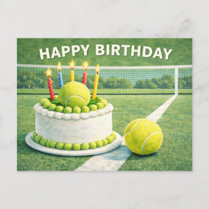 Tennisboll med gratulerar på födelsedagen och tårt vykort