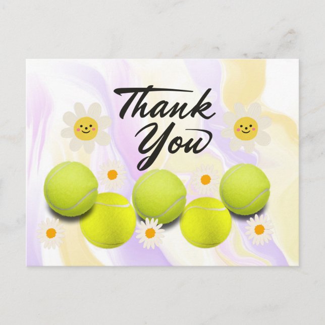 Tennisboll med vit tusenskönsblomma tack-post vykort (Framsida)