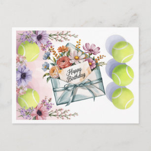 Tennisboll och blommor för spelarens födelsedag vykort