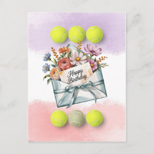 Tennisboll och blommor för spelarens födelsedag vykort
