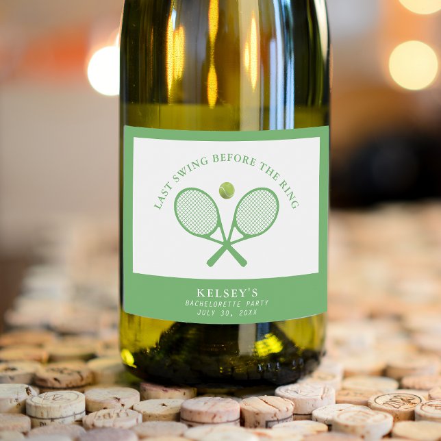 Tennisbröllop, sista svängningen före ringen (Tennis Bachelorette Last Swing Before the Ring Sparkling Wine Label
)