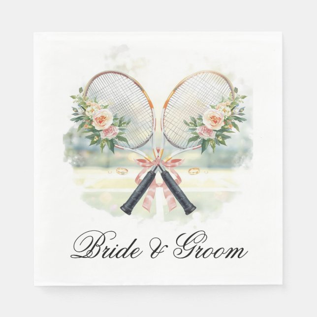 Tennisbröllopracket med blommor brud & brudgumme  pappersservett (Framsidan)