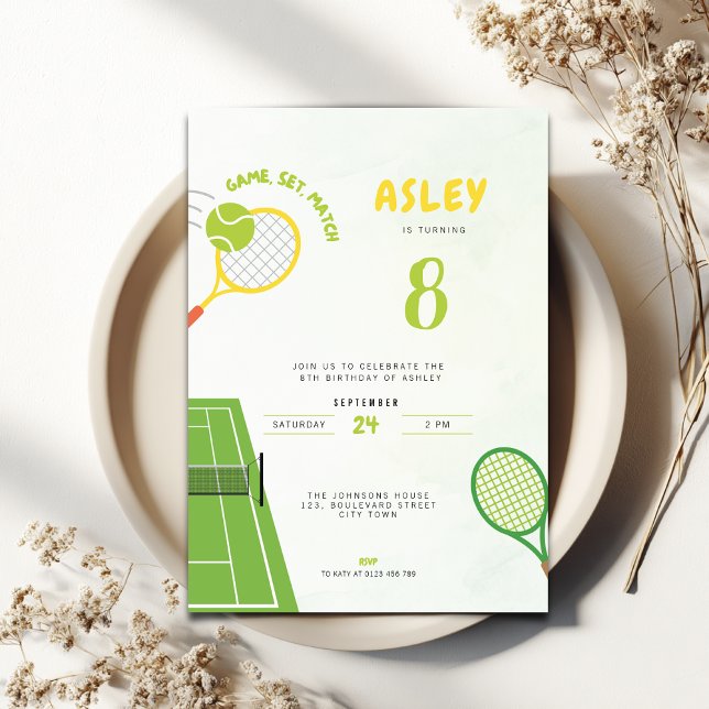 Tennisparty Game, Set, Match Trendig 8-årsdag Inbjudningar (Tennis Themed 8th birthday invitation for boys and girls)