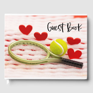 Tennisracket med gästen bok från kärlek bröllop
