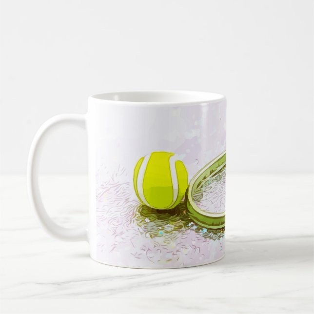 Tennisracket och boll vattenfärg kaffemugg (Vänster)