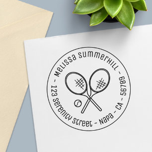 Tennisracketar och boll rund adress självfärgande stämpel