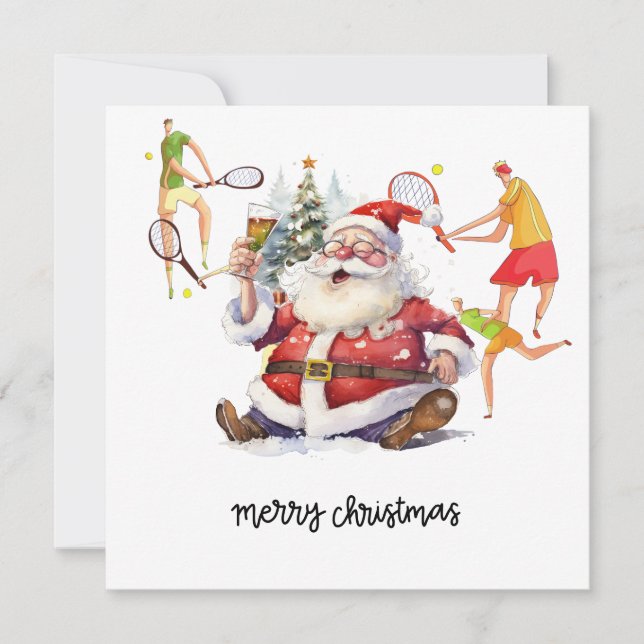 Tennisspelare bakom Tomte för jul  Julkort (Framsida)