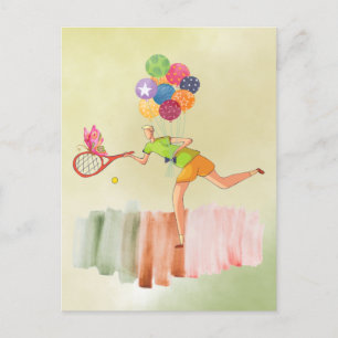 Tennisspelare och ballong för födelsedag akvarell vykort