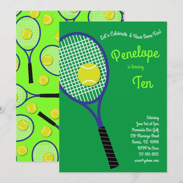 Tennissport Barns födelsedag Party Inbjudningar (Fram/baksida)