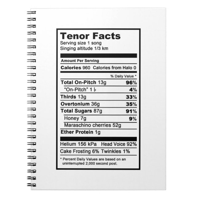 Tenor "näringsrik informationsetikett ", anteckningsbok (Framsidan)