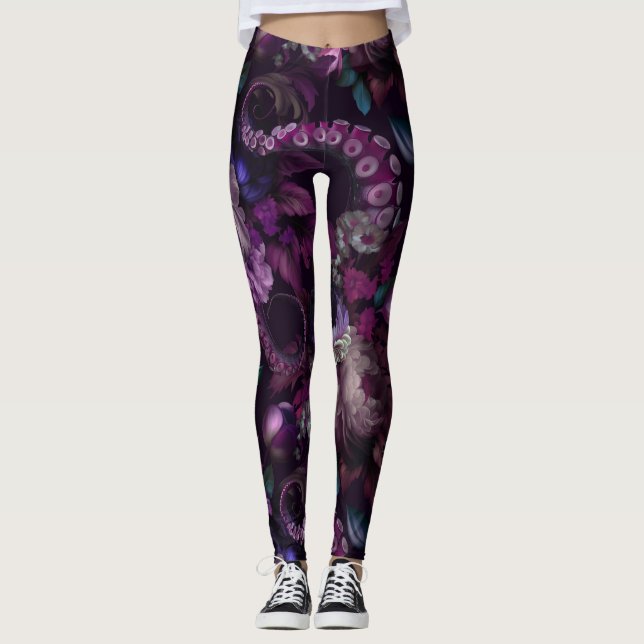 Tentacle-Rosa med gotin Mörk med blommor Leggings (Framsida)