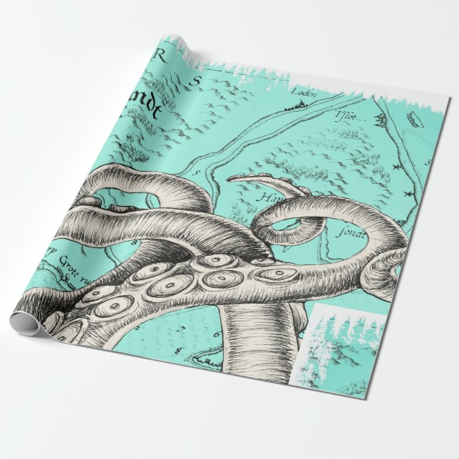 Tentakler Octopus Teal Vintage Karta Bläck Presentpapper (Utrullad)