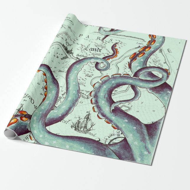 Tentakler på Vintage Karta Presentpapper (Utrullad)