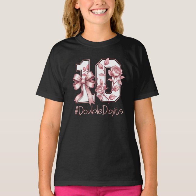 Tenth Birthday Girl Pink Coquette Bow Turning 10 T Shirt (Framsida)