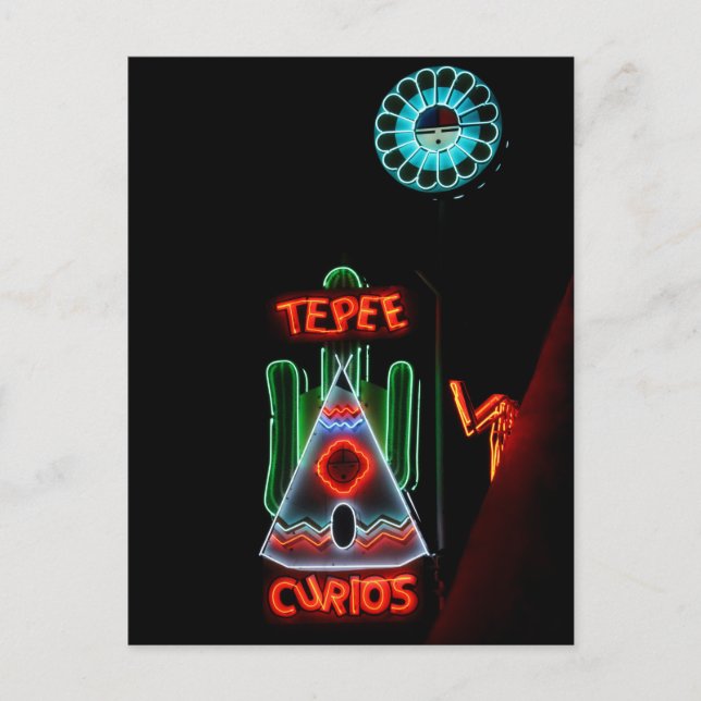Tepee Curios Neonljusskylt, Tucumcari, N.M. Vykort (Framsida)