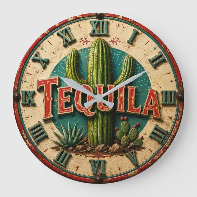 Tequila Cactus Rustic Mexican Bar Desert Home Gift Stor Klocka (Framsida)