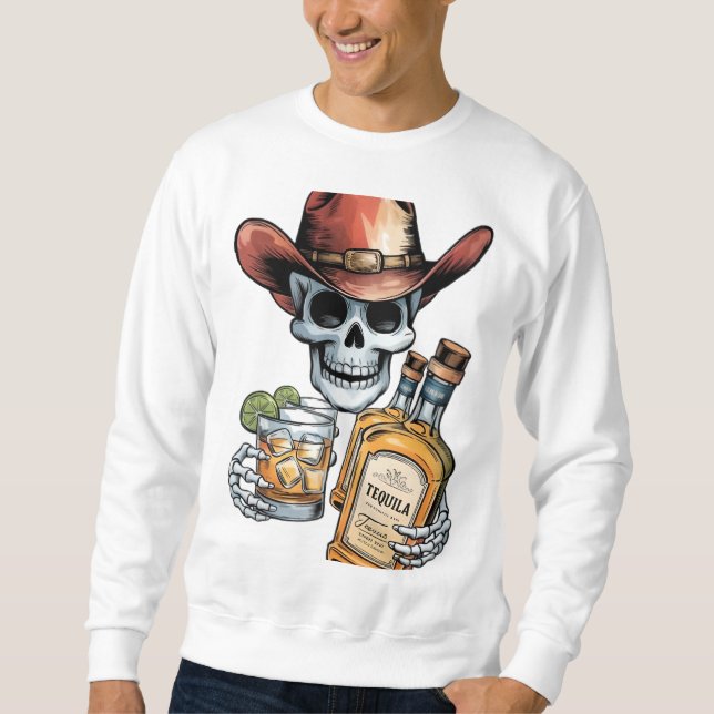 Tequila Cowboy Skull | Western Whiskey Party Desig Lång Ärmad Tröja (Framsida)