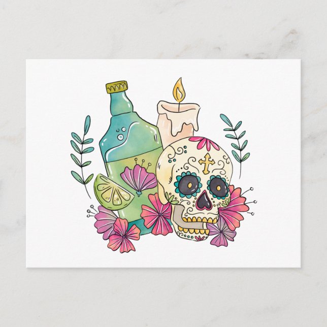 Tequila Sugar Skull Helg Vykort (Framsida)