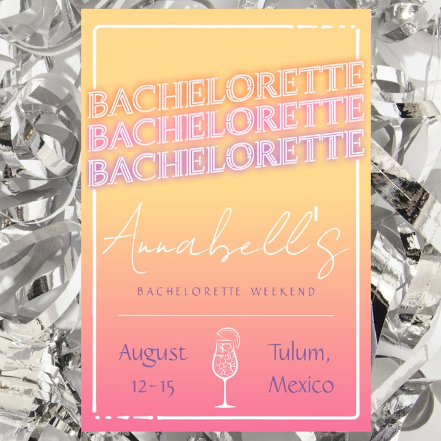 Tequila Sunrise Bachelorette Helg Itinerary Inbjudningar (tequila sunrise cocktail themed bachelorette party weekend invitation and itinerary Tulum Mexico )