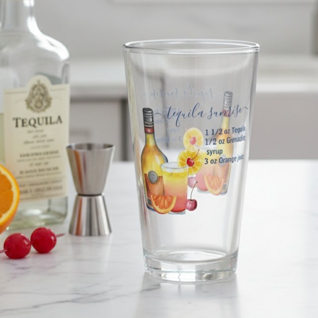 Tequila Sunrise Recipe Watercolor Mixed Drink Glaskopp (Skapare uppladdad)