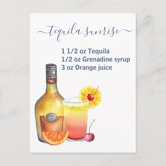 Tequila Sunrise Recipe Watercolor Vykort (Framsida)