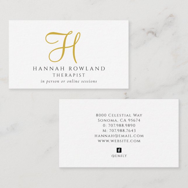 Terapeut Guld Skript Monogram Namn  Visitkort (Fram/baksida)