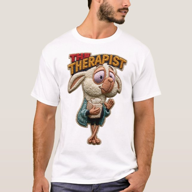 Terapeuten Roliga Får Broderad Lapp Present T Shirt (Framsida)