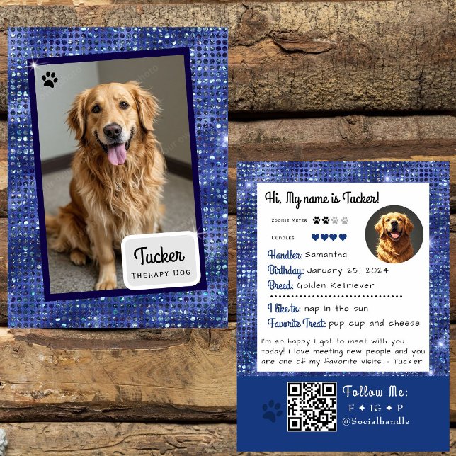 Terapi Hund Trading Card Blå Glitter Visitkort (Skapare uppladdad)