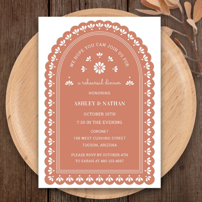 Terra Cotta Arch Rehearsal Middagsinbjudan Inbjudningar (Terra Cotta Arch Rehearsal Dinner Invitation by Fiesta Valley Print)