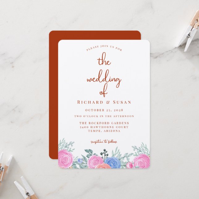 Terra Cotta Blommigt Bröllop Inbjudningar (Fram/Back In Situ)