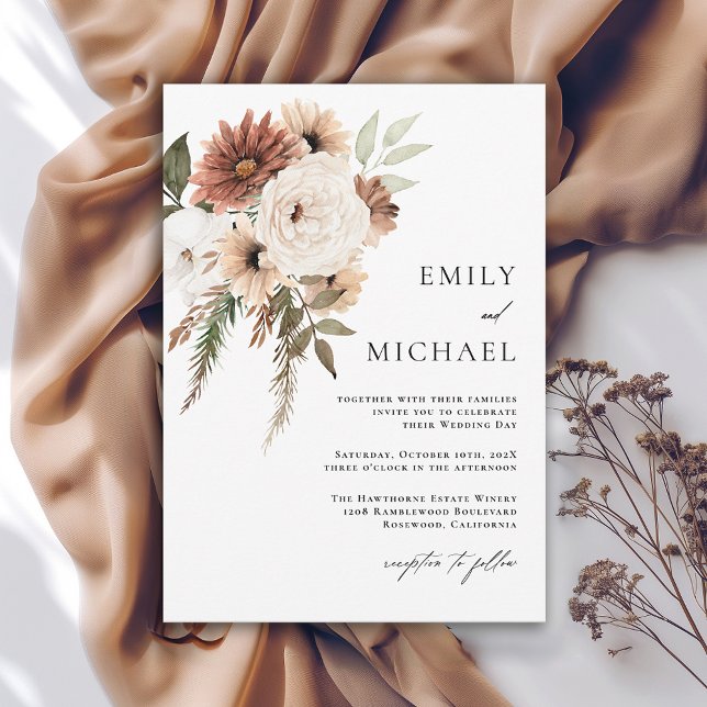 Terra Cotta Boho Blommigt Fall Wedding Inbjudningar (Available in both printed and instant download digital formats.)