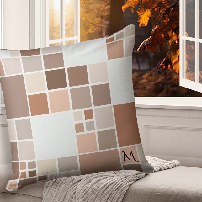 Terra Cotta Coffee Chic Mosaic Mönster Pillow Kudde (Modern pillow featuring a pastel mosaic pattern in warm terra cotta, tan, coffee and chocolate)
