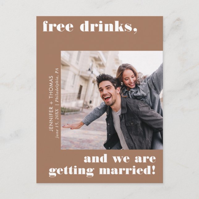 Terra Cotta Funny Free Drinks Photo Save Date Vykort (Framsida)