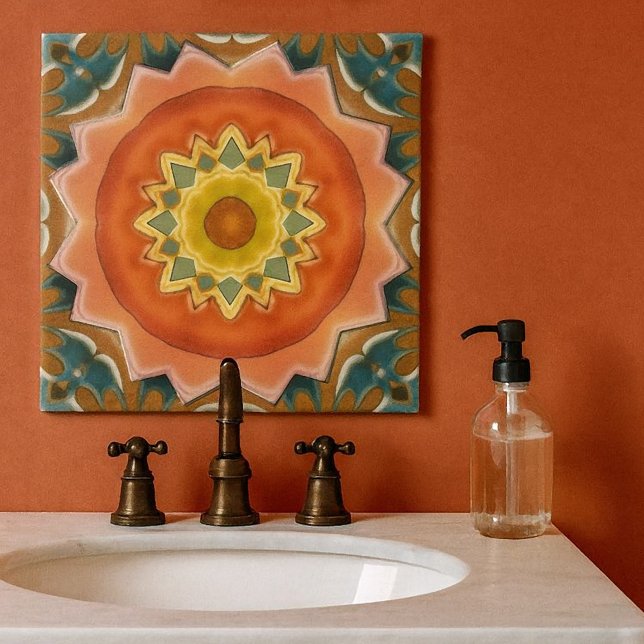 Terra Cotta Geometric Abstract Design Tile Kakelplatta (Geometric abstract design tile in warm terra cotta and green earth colors. For kitchen or bathroom)