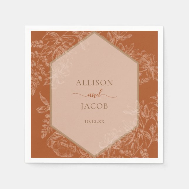 Terra Cotta Geometric Blommigt Tapestry Bröllop Pappersservett (Framsidan)