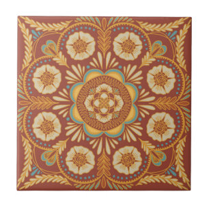 Terra Cotta och Turcouise Blommigt Ceramic Tile Kakelplatta