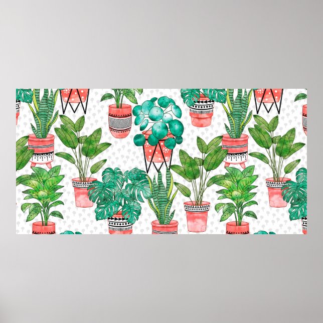 Terra cotta Pots Watercolor House Plants Seamless Poster (Framsidan)