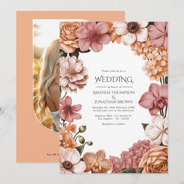 Terra Peach, Clay Rose & Soft Blush Buff Wedding Inbjudningar (Fram/baksida)