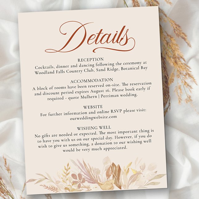 Terraccotta Cream Botanical Foliage Bröllop Detail Tilläggskort (Details enclosure card with elegant calligraphy and fully editable deets. )