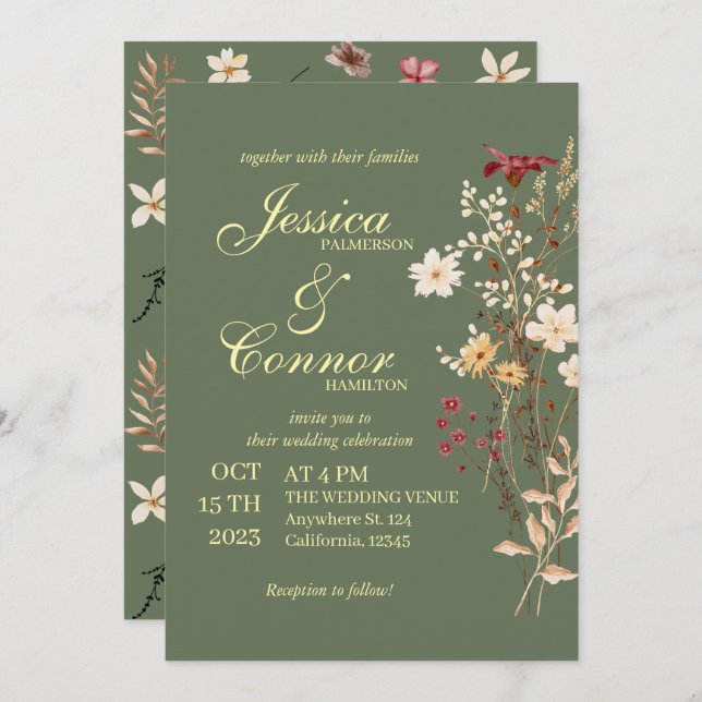 Terracota Colorful Wildblommboho Bröllop Inbjudningar (Fram/baksida)