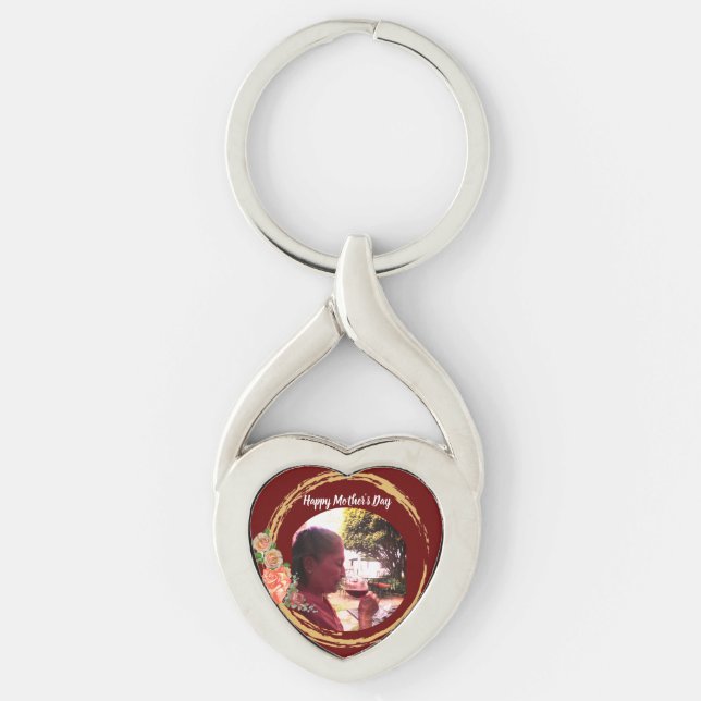 Terracota och Guld Mors dag Anpassningsbar Photo Twisted Heart Silverfärgad Nyckelring (Framsidan)