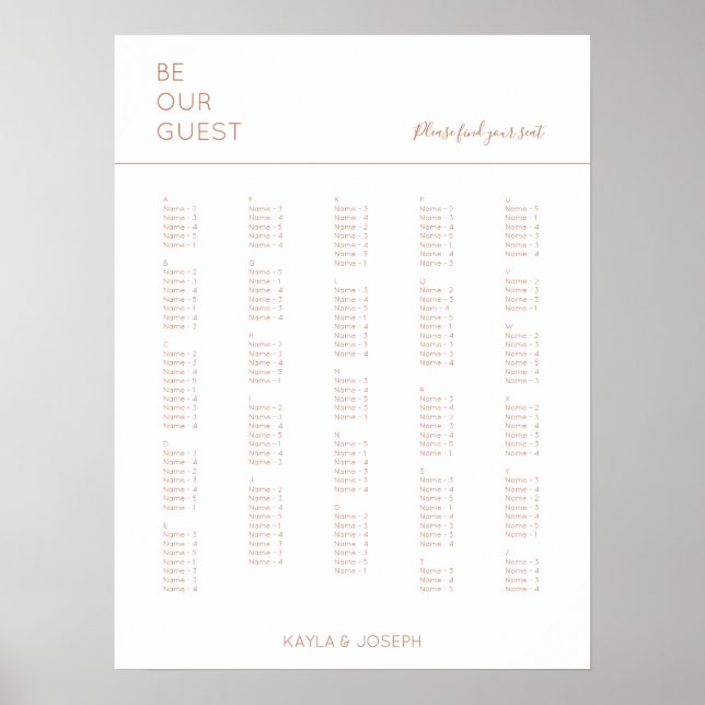 Terracota White Alfabetical Bröllop Seating Chart Poster (Framsidan)