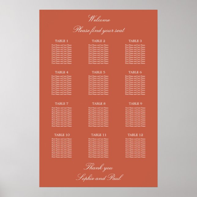 Terracotta 12 Bord Wedding Seating Chart Poster (Framsidan)